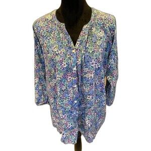 St John’s Bay Top Blue Floral Blouse XL Boho Peasant V Neck Flowy Casual Comfy